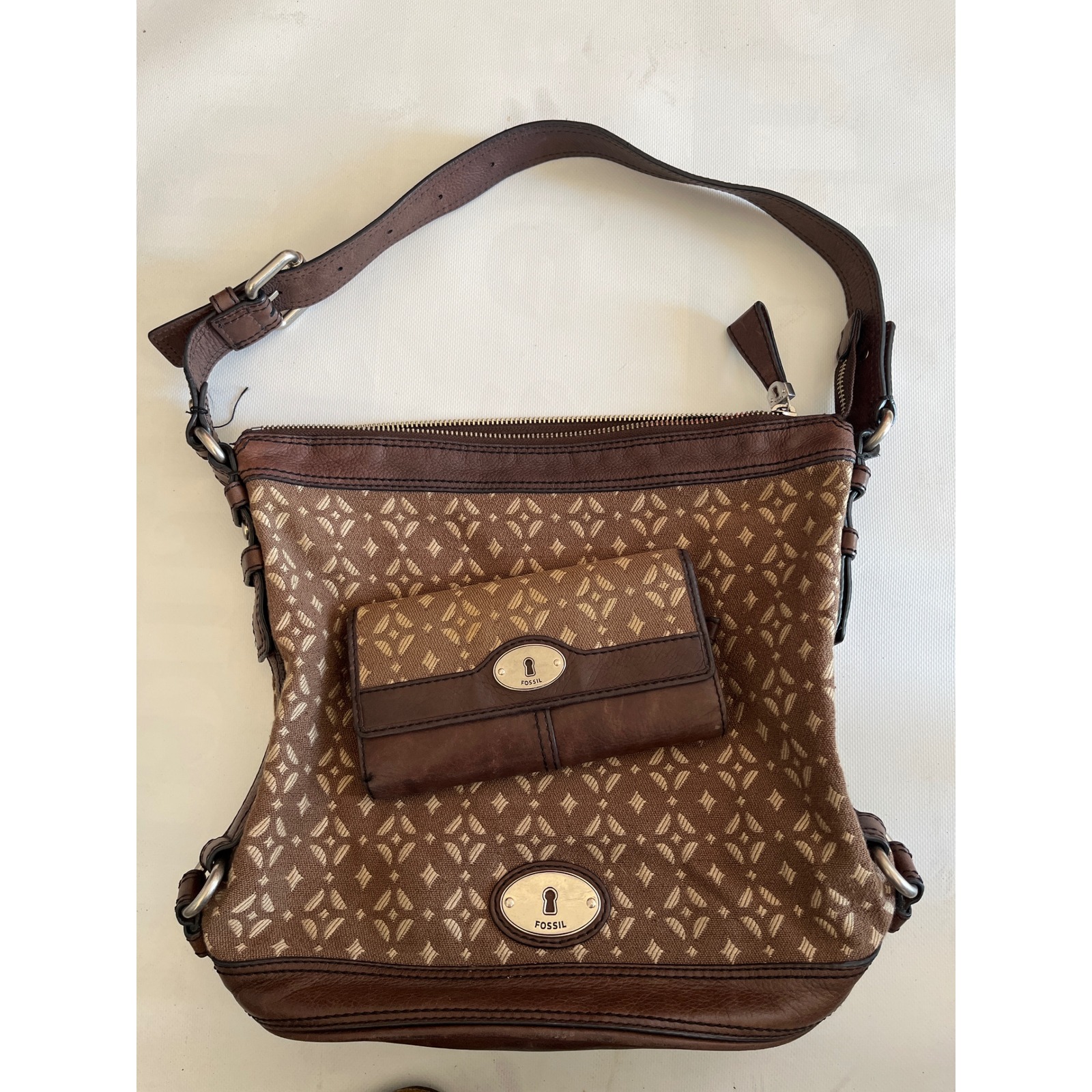 Fossil Signature Canvas Leather Hobo Purse Wallet Set Brown Tan